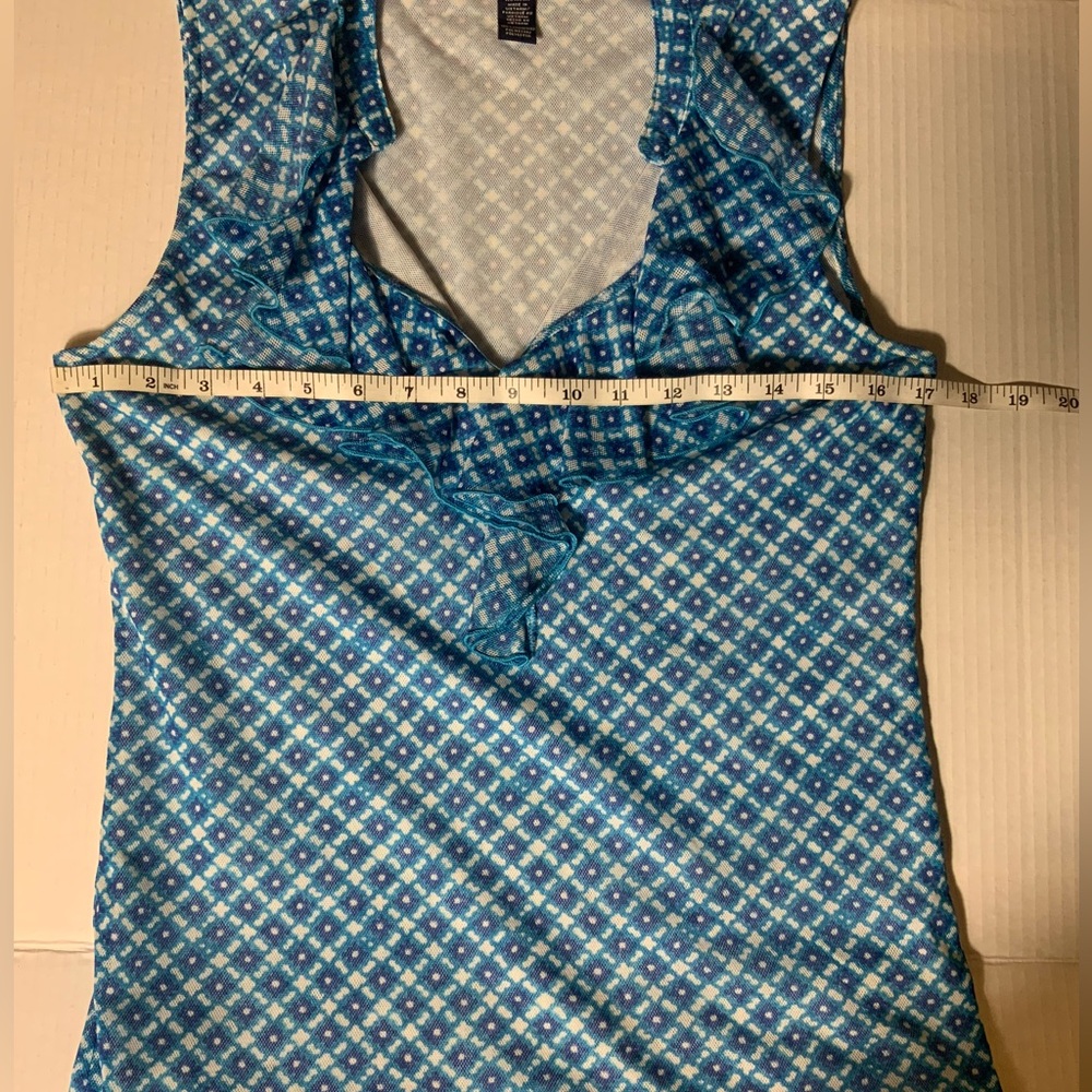 Chaps Blue Patterned Ruffle Blouse - Picture 5 of 5